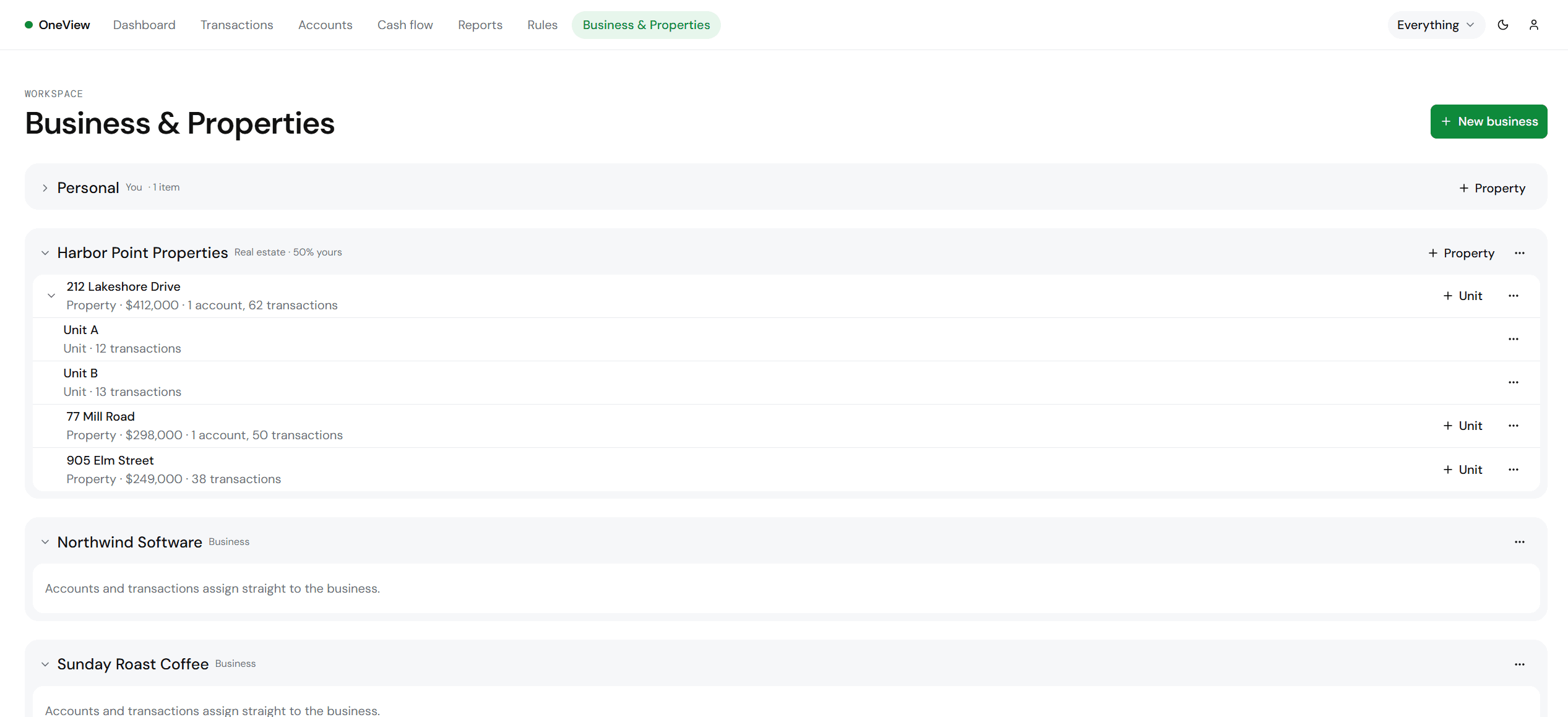 Business and Properties page showing the entity tree with properties and units