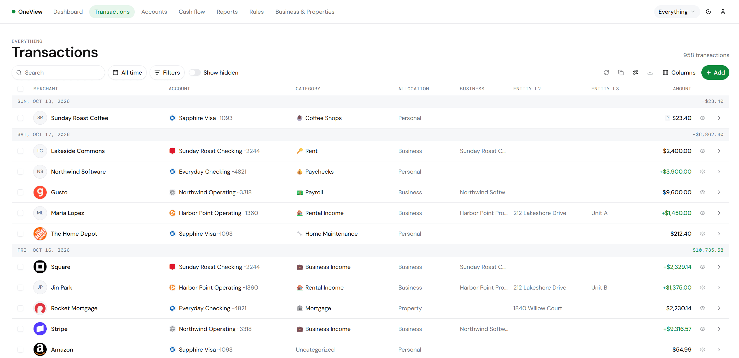 Transactions list with merchant logos, categories and entity allocation